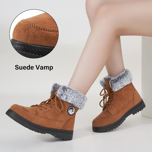 Alicegana Women's Winter Boots Snow Warm Fur Lined Lace Up Khaki Non Slip Boots - Picture 5 of 7